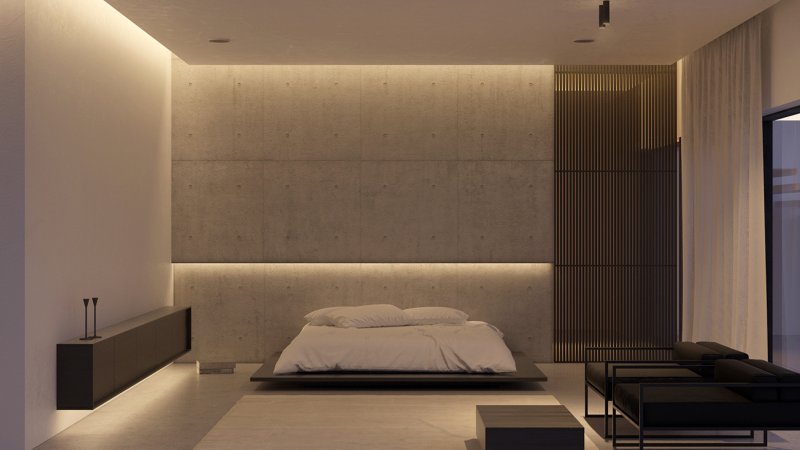 The interior of the bedroom in the style of minimalism