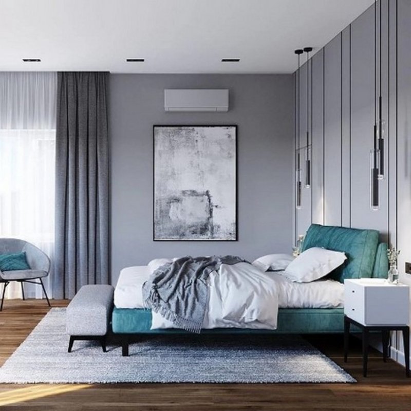 The interior of the bedroom in a modern style in gray tones