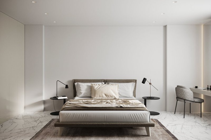 The interior of the bedroom in the style of minimalism