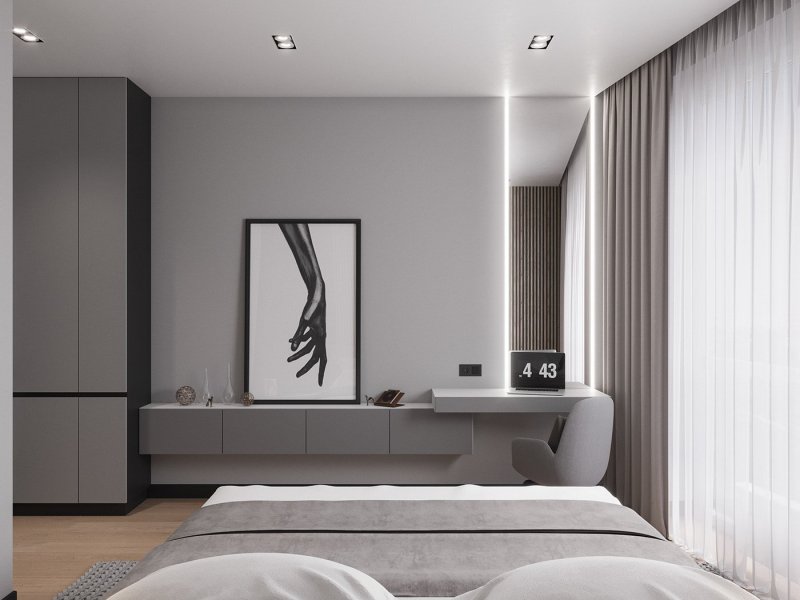 The interior of the bedroom in the style of minimalism