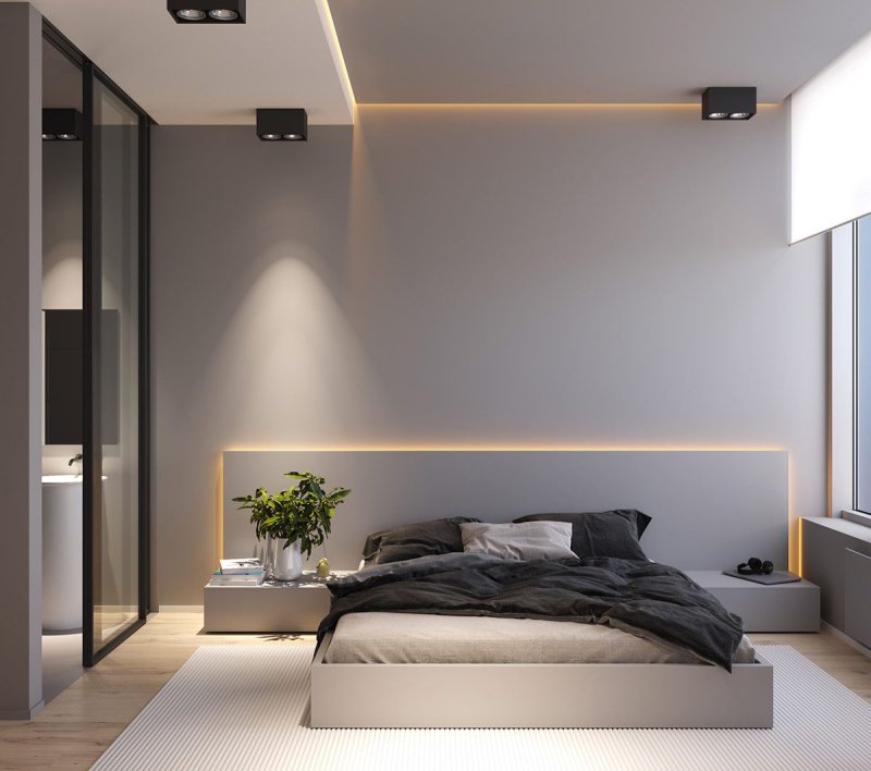 The interior of the bedroom in the style of minimalism