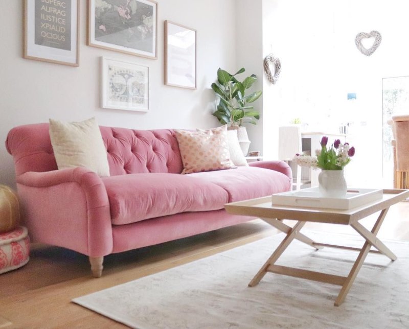 Pink sofa in the interior of the living room