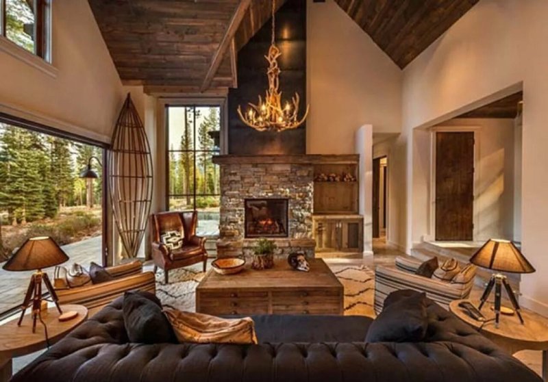 Living room in the style of a chalet with a fireplace