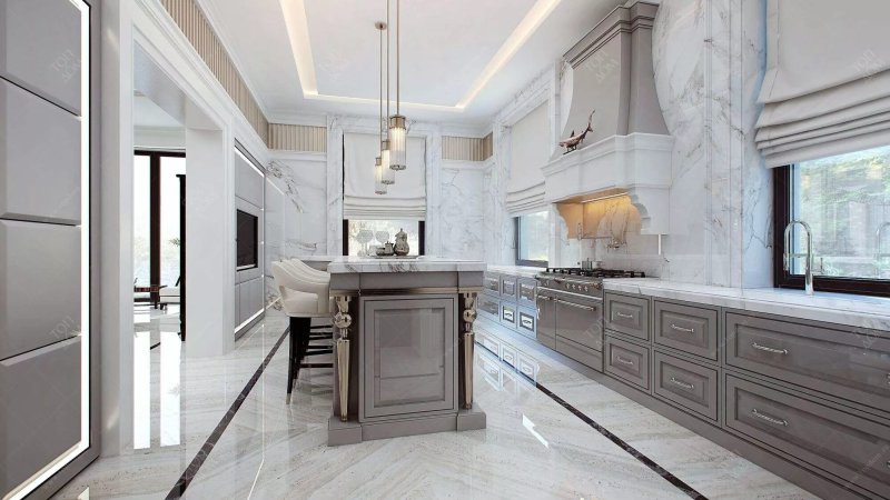 Kitchen design with marble floor