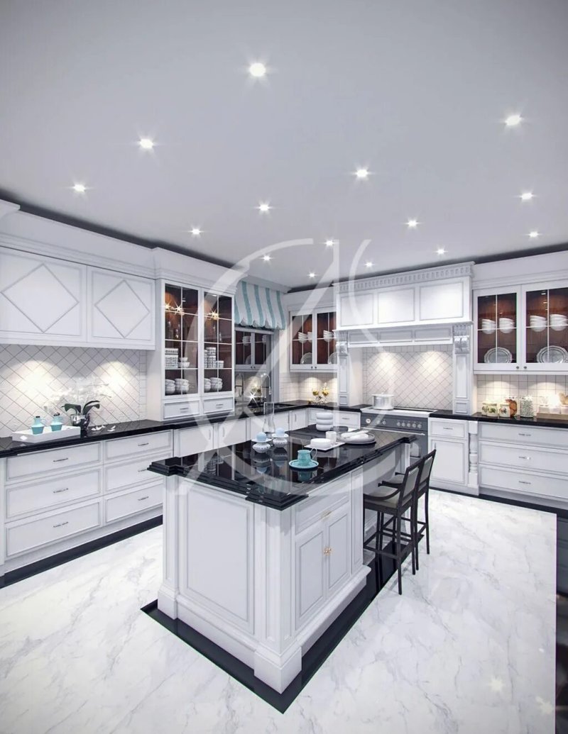 Kitchen design with marble floor