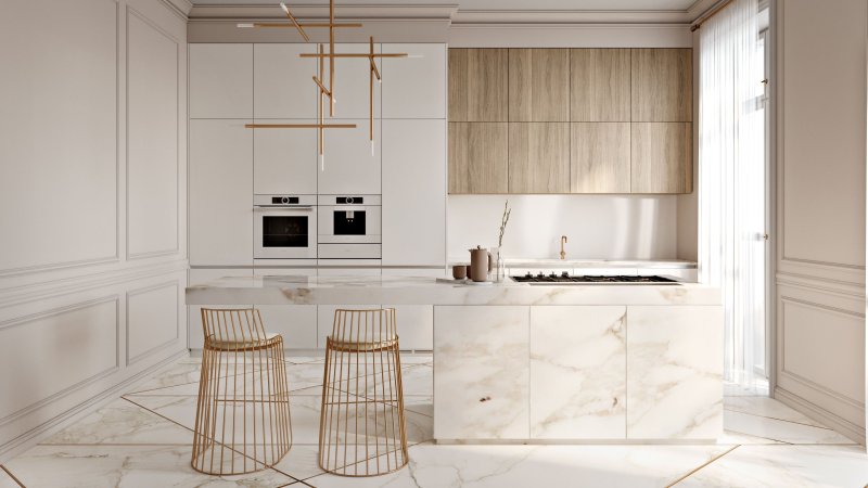 Kitchen design with marble floor