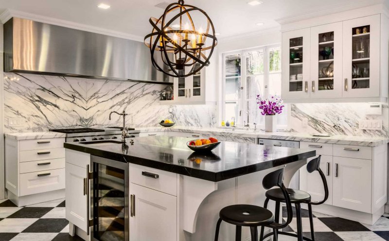 The interior of the kitchen with the marble floor