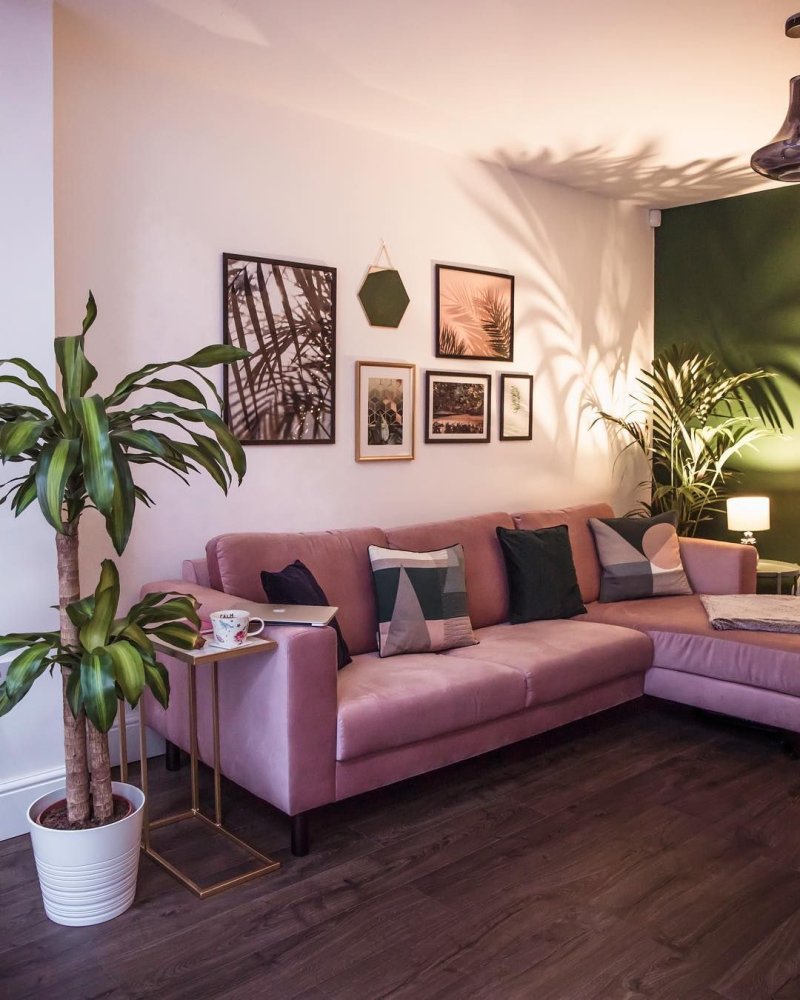 Pink sofa in the interior of the living room