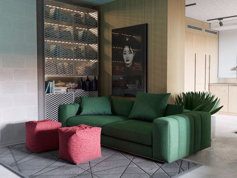 Living room interior with an emerald sofa