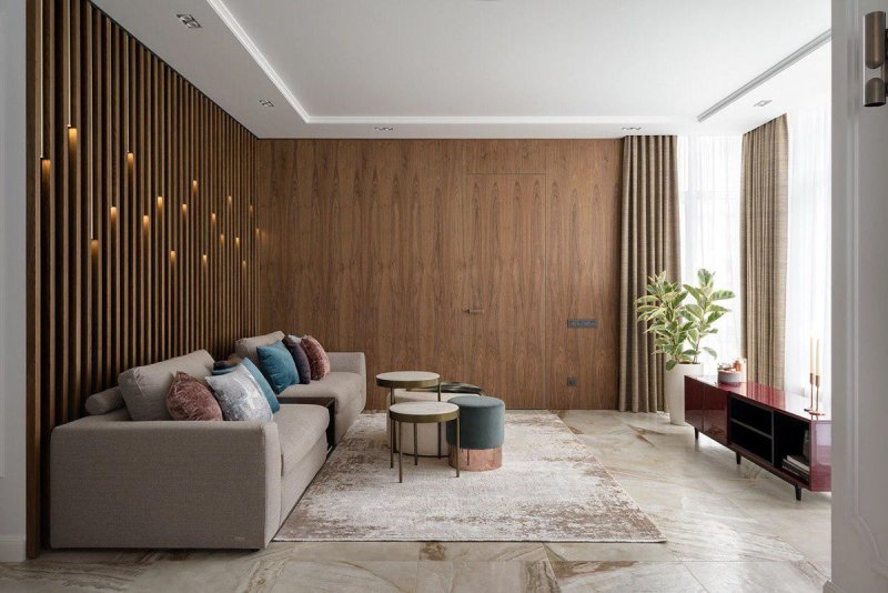 Wooden panels in the interior of the living room