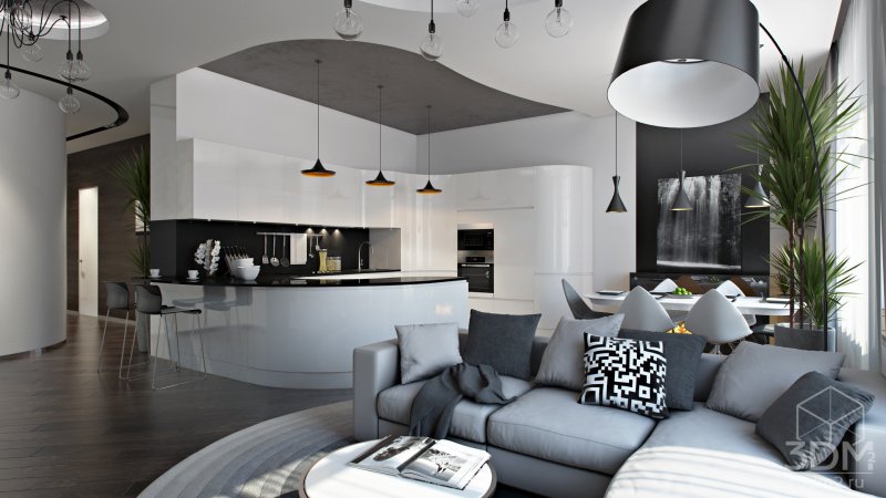 The design of the kitchen of the living room in modern style