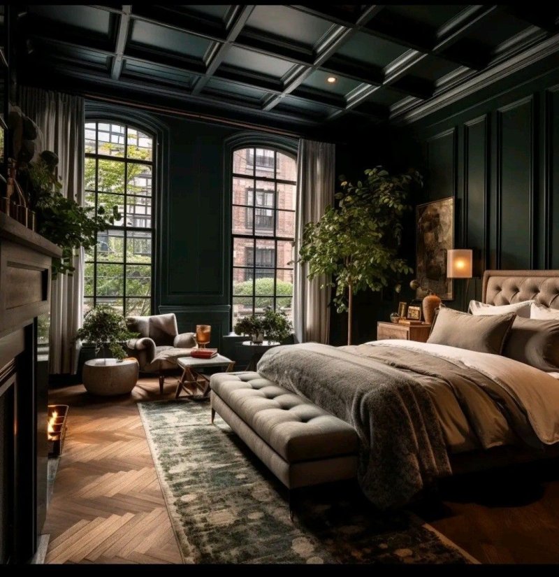 The interior of the bedroom in dark colors