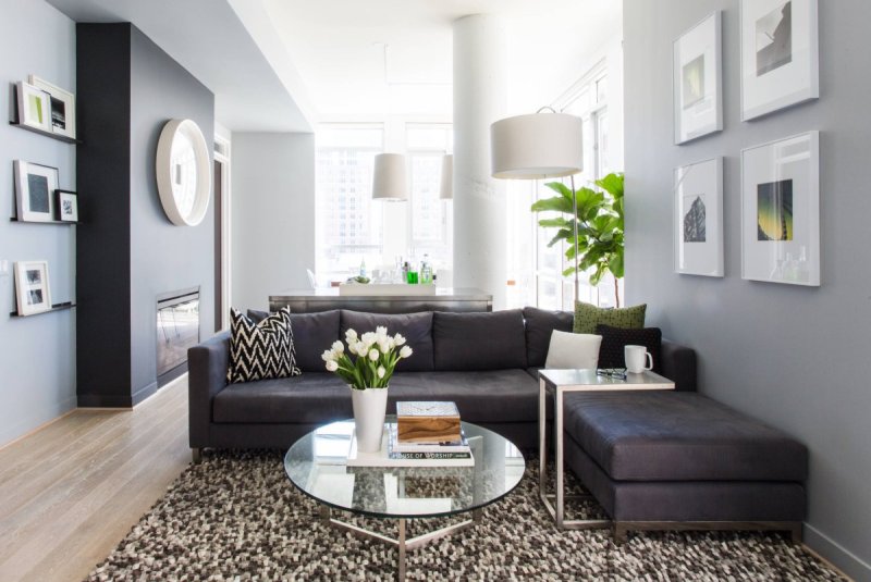 Living room interior with a gray sofa