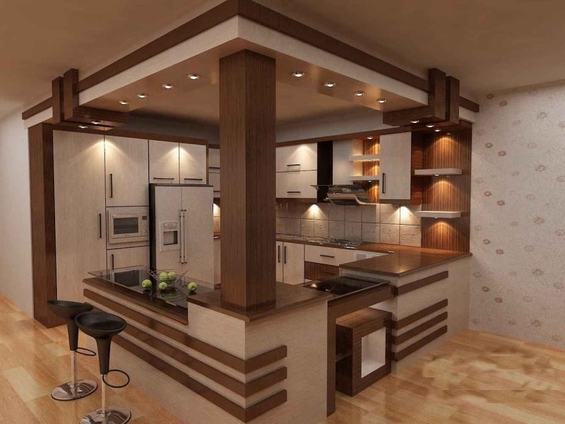 The design of the kitchen is the living room