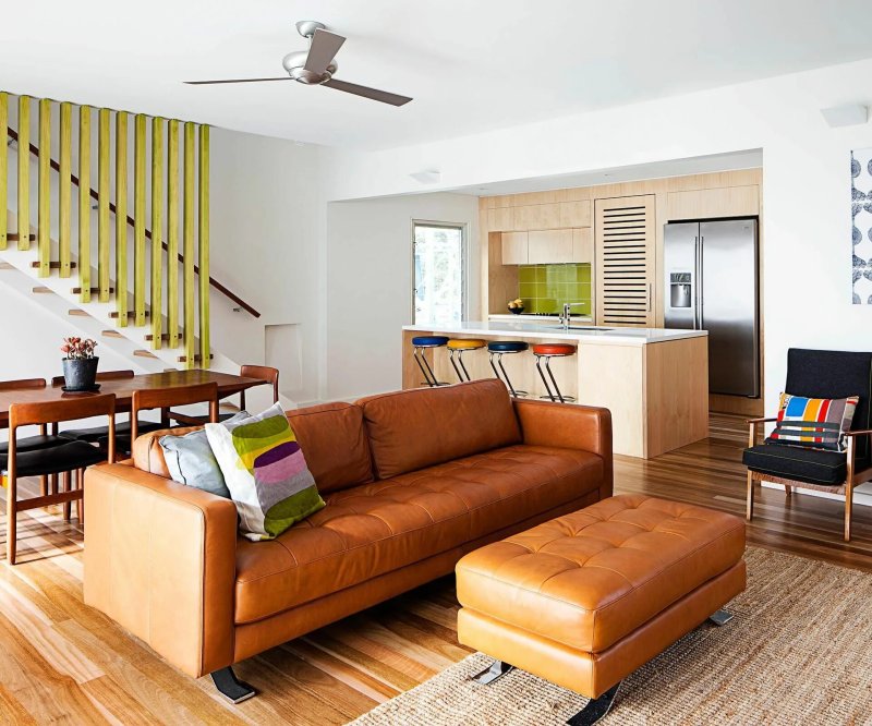 Kitchen living room with a leather sofa