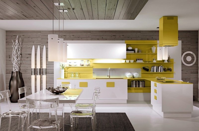 Yellow kitchen in the interior