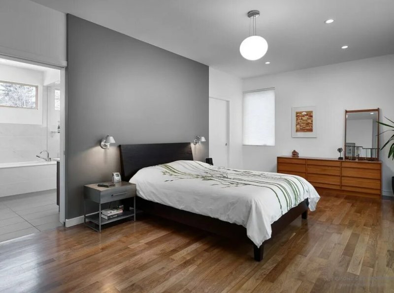 Gray bedroom with wood