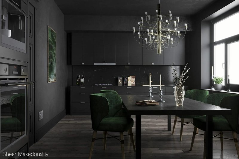 Dark gray kitchen in the interior