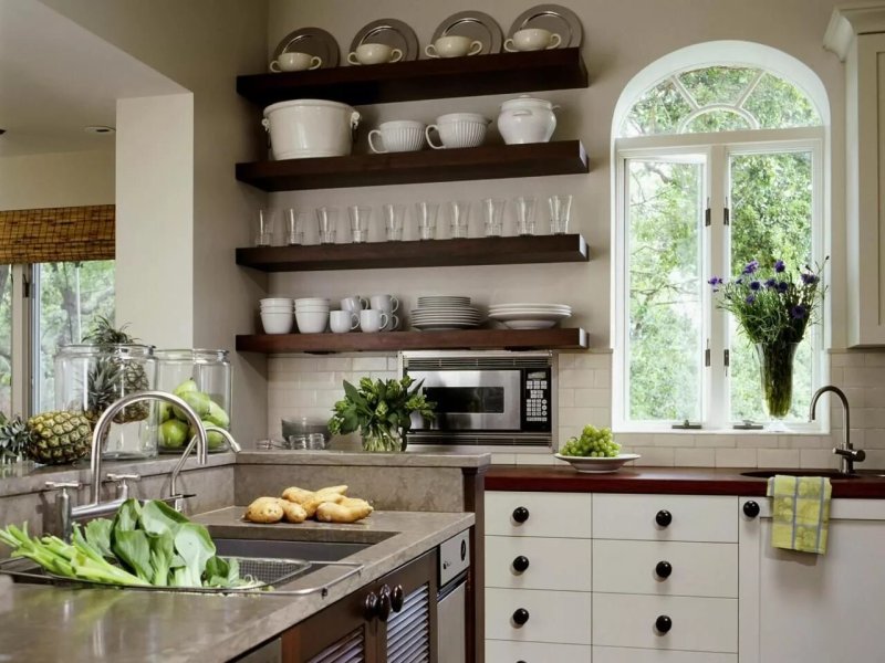 Kitchen interior with open shelves