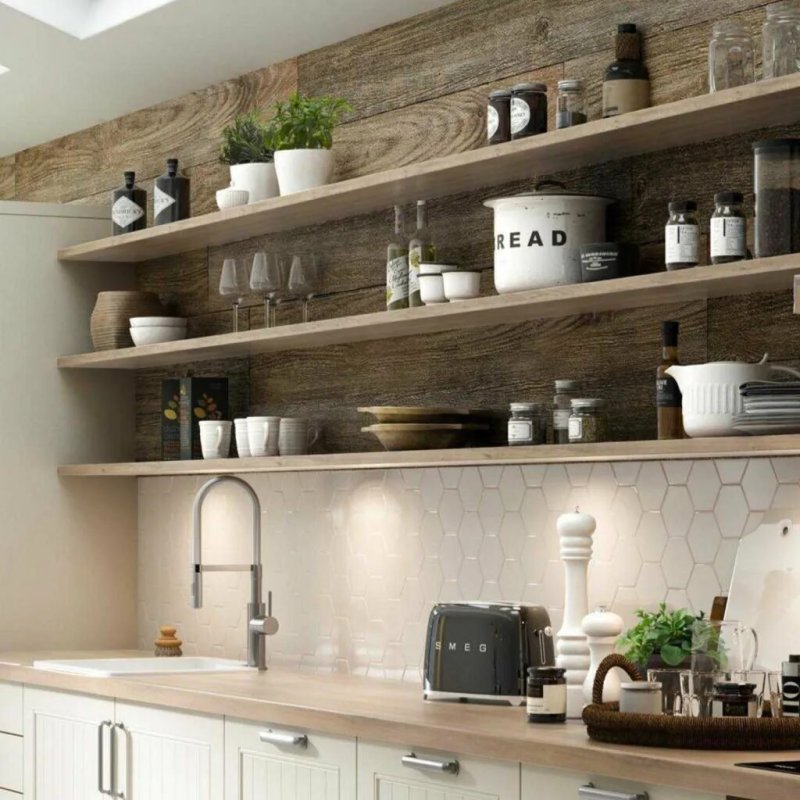 Kitchen with open upper shelves