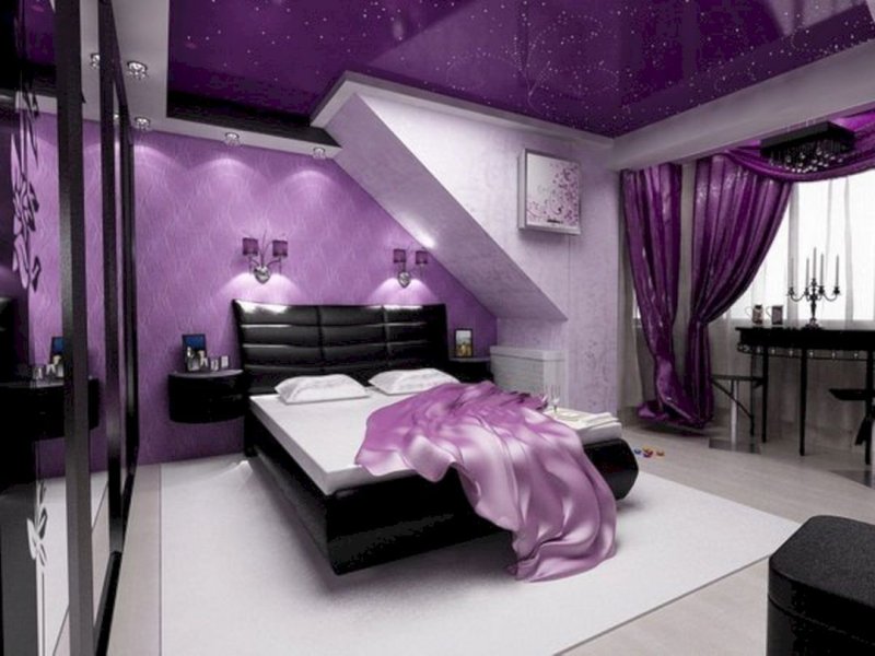 The purple interior of the bedroom