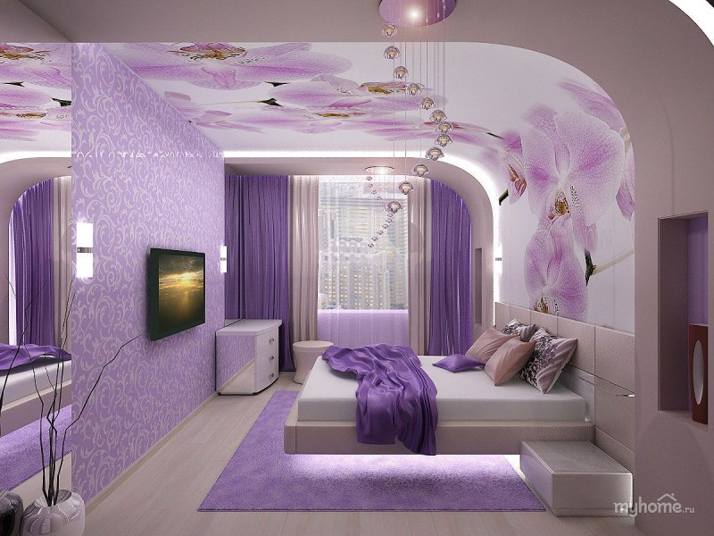 Bed in white lilac tones