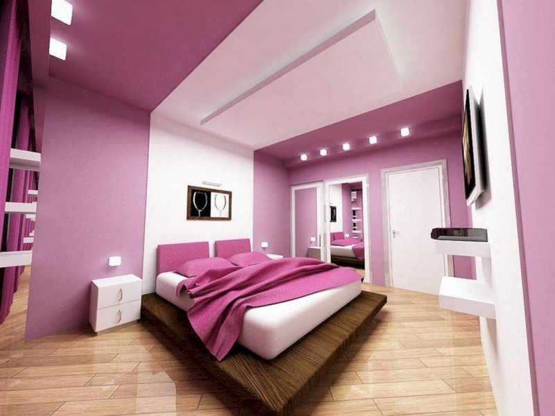 The purple interior of the bedroom