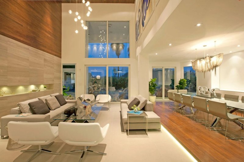 Living room interior with high ceilings