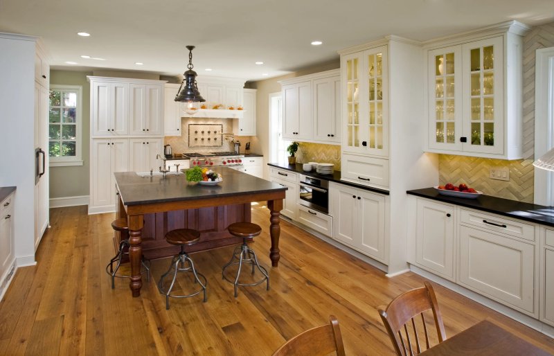 Kitchen interior with a wooden floor