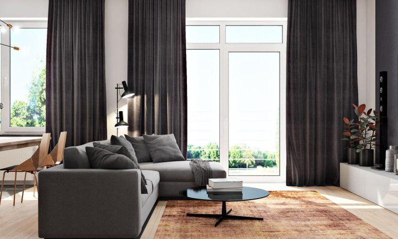 Dark gray curtains in the interior