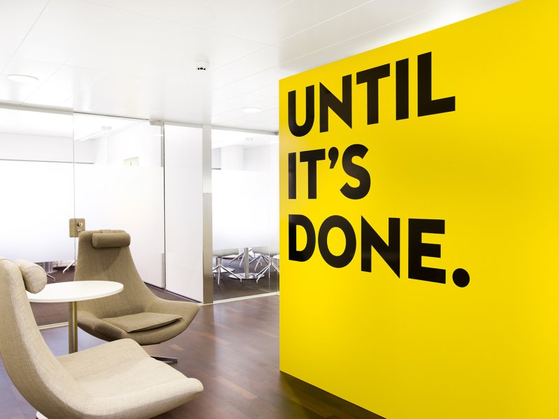 The yellow interior of the office