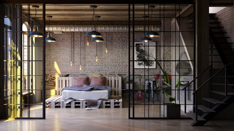 Loft industrial loft -style bedroom