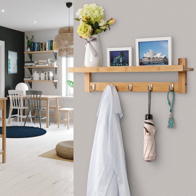 Wooden shelf with hooks