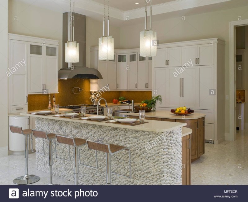 Chandelier above the bar in the kitchen