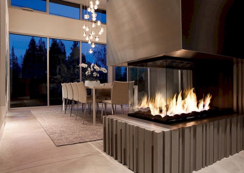 The fireplace is modern