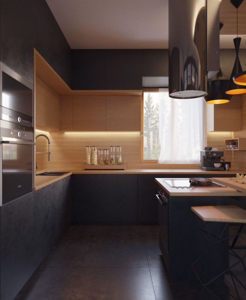 Small kitchen in dark colors