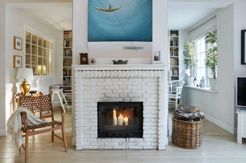 White brick fireplace