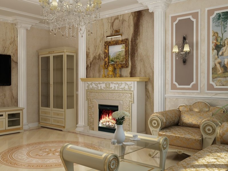 Half -columns in the interior of the living room neoclassic