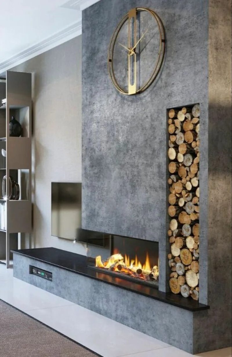 The fireplace is modern