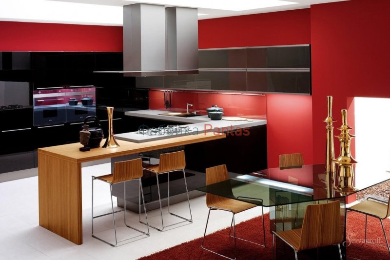 Black-red kitchen in the interior