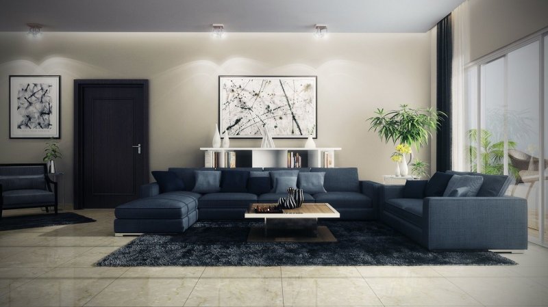 Living room interior with a gray sofa