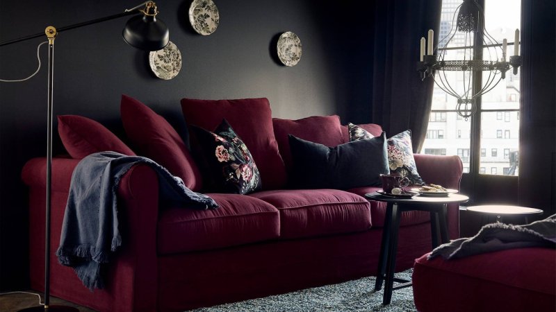 Burgundy sofa in the interior