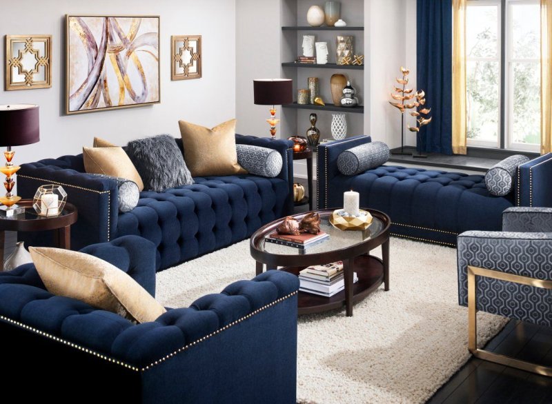 The interior is blue sofa