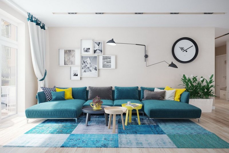 Interior with turquoise sofa