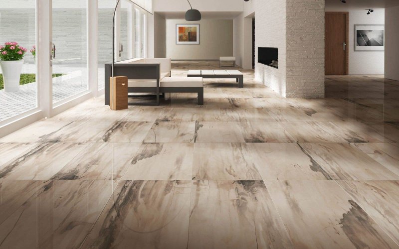 Porcelain tile for the floor of a large living room