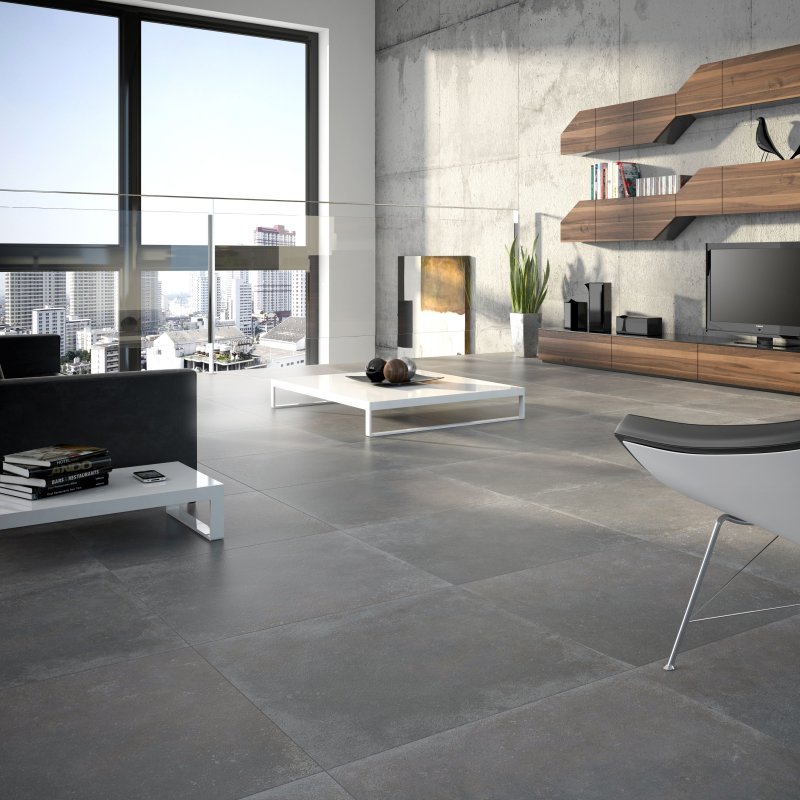 Gray porcelain stoneware in the interior