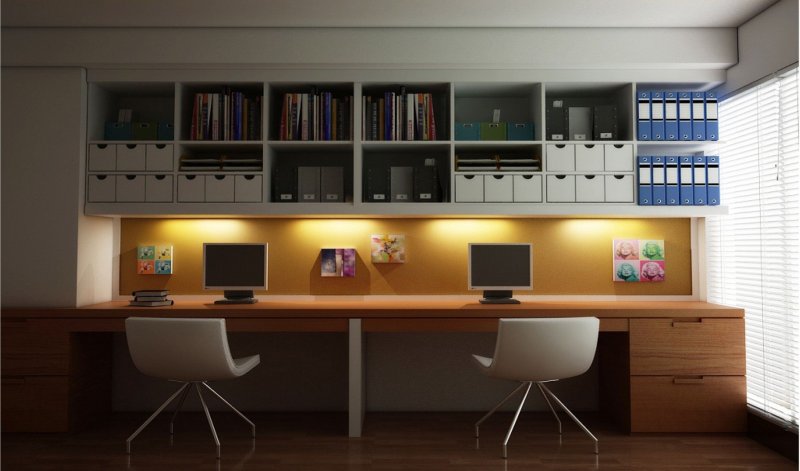 Shelves above the computer table