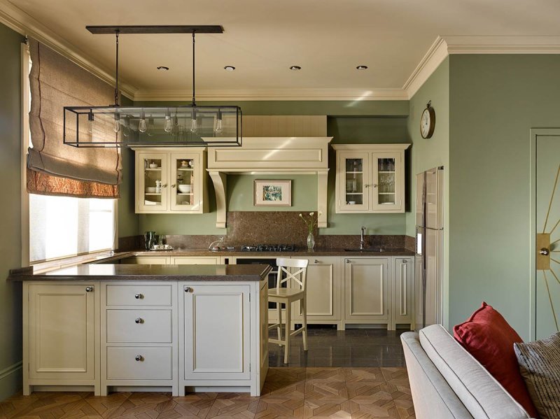 The interior of the kitchen in olive colors