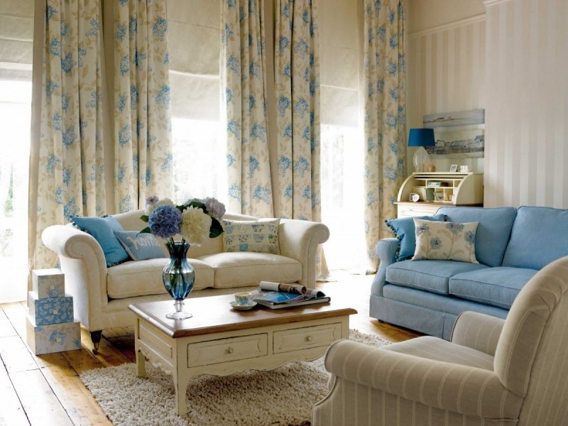 Living room in beige blue tones