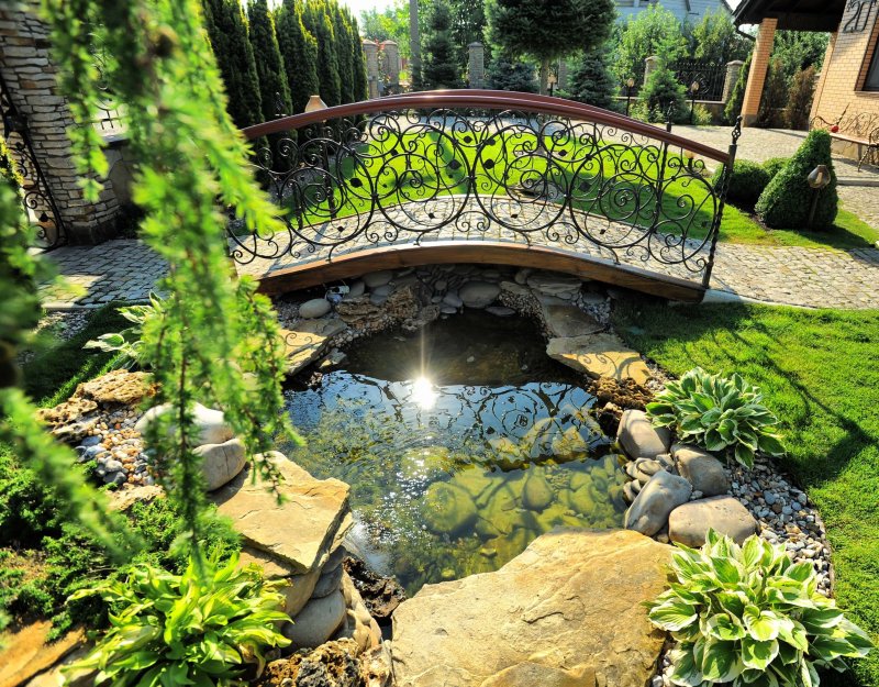 Landscape with a pond and bridge